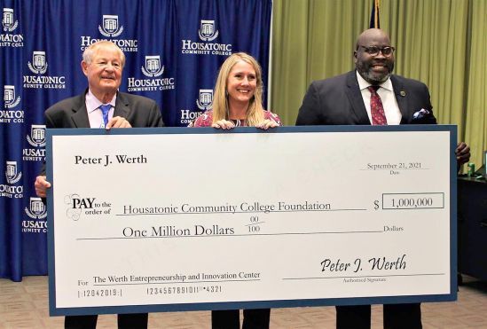 Peter J. Werth Jr. (left) stands with HCC Foundation Executive Director Kristy Jelenik, and HCC CEO Dr. Dwayne Smith.