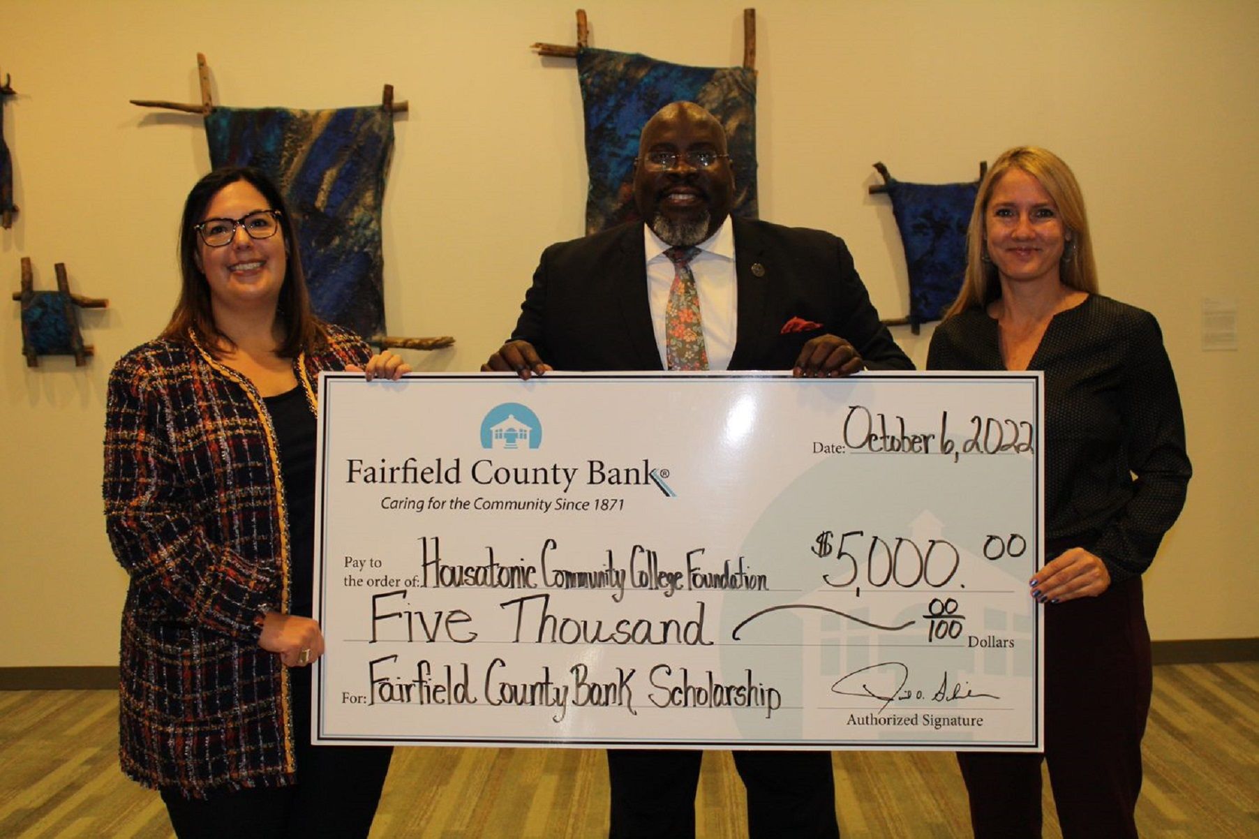 Left to right: Jennifer Cutrali, Fairfield County Bank VP, Credit Administration Manager and HCC Foundation Board Member, HCC CEO Dr. Dwayne Smith and HCC Foundation Executive Director Kristy Jelenik.